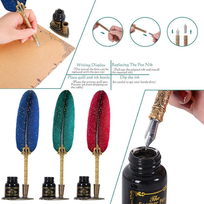 Kalligraphie-Stift Set mit Federn, Ersatzspitzen, Stifthalter, Umschläge, Umschlagpapier, Siegel