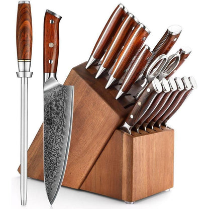 15-teiliges Damaststahl Messerblock Set mit Wetzstahl & Schere