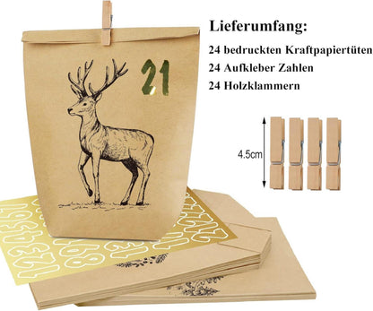 Adventskalender Tüten zum Befüllen Basteln Schwarz Weihnachten 24 Motiv Waldtiere