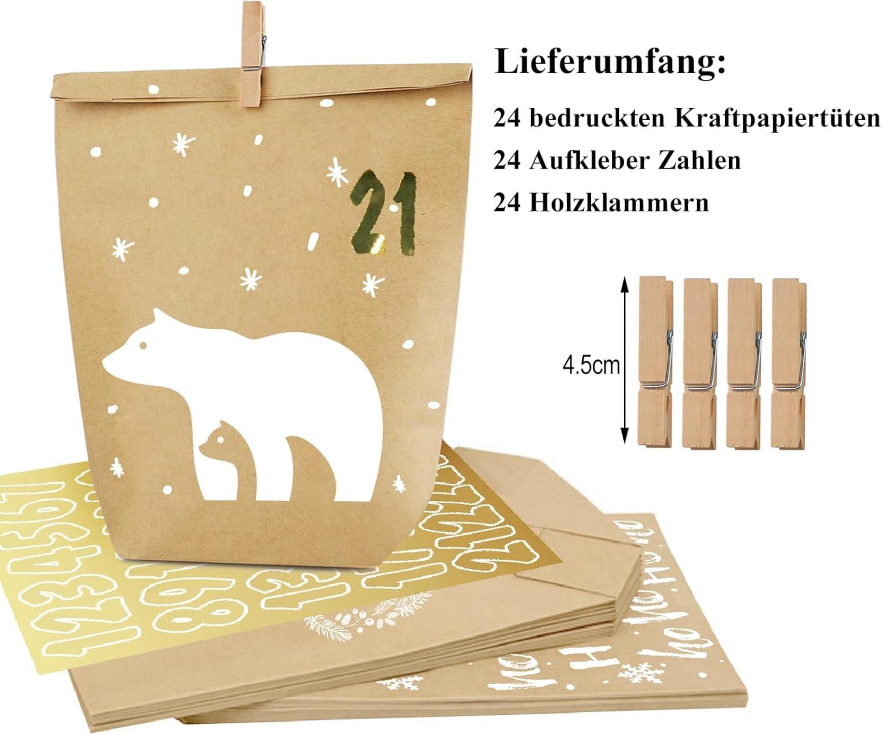 Adventskalender Tüten zum Befüllen Weiß Weihnachten mit 24 Aufklebern - DIY Kraftpapiertüten für Kinder Erwachsene