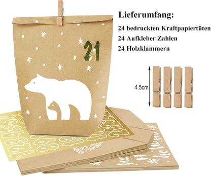 Adventskalender Tüten zum Befüllen Weiß Weihnachten mit 24 Aufklebern - DIY Kraftpapiertüten für Kinder Erwachsene