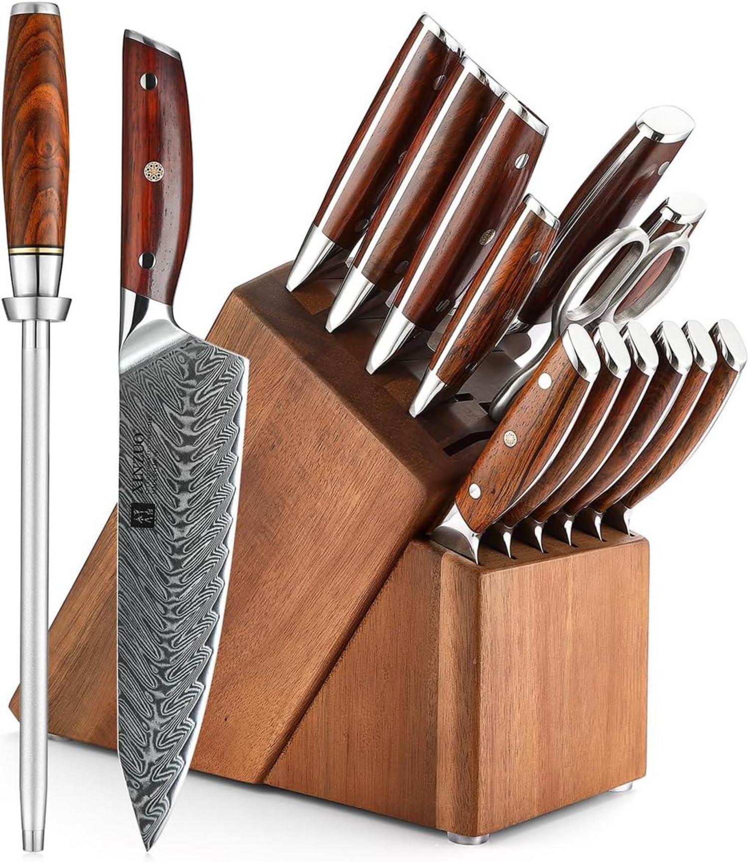 Damaskus Küchenmesser Set 15-teilig mit Akazienholzblock