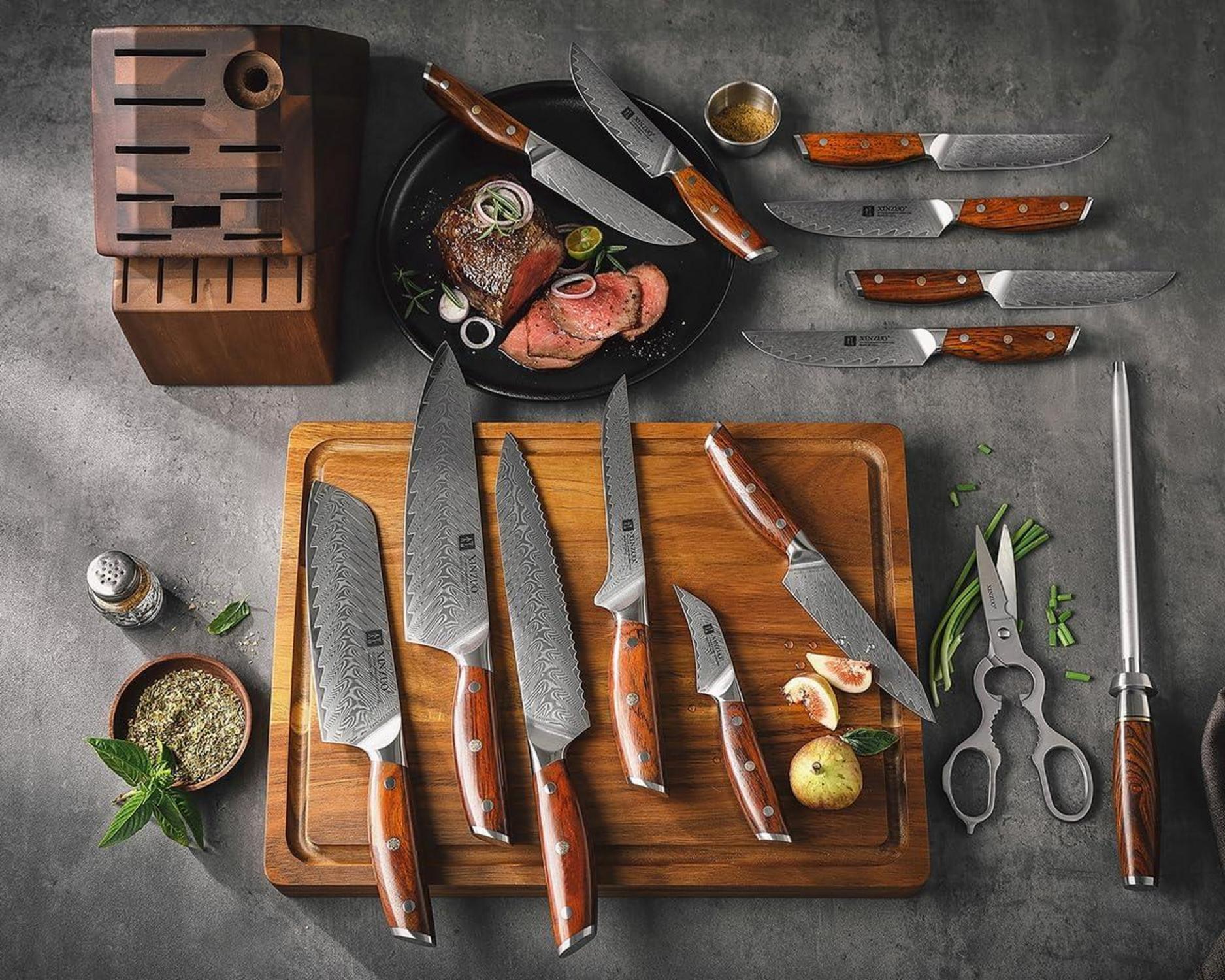 Damaskus Küchenmesser Set 15er mit Akazienholz Messerblock und Schere