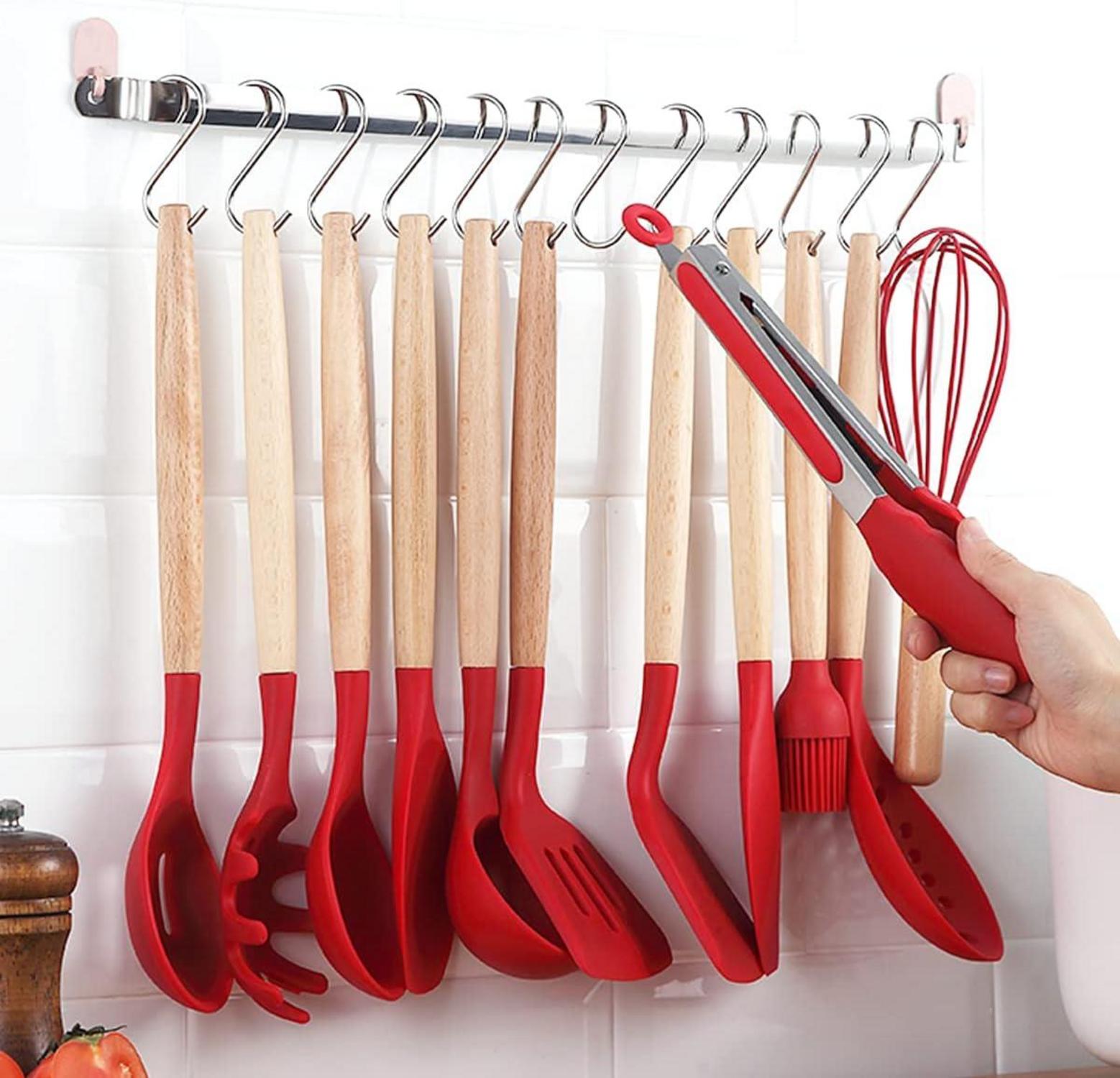 Silikon Küchenutensilien Set 38-teilig Antihaft Holzgriff Utensilienhalter Rot