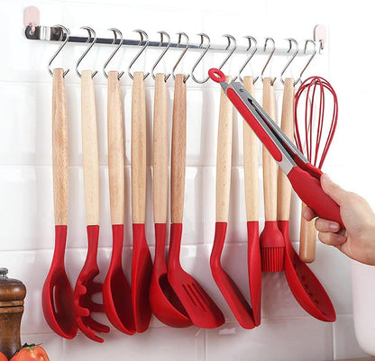 Silikon Küchenutensilien Set 38-teilig Antihaft Holzgriff Utensilienhalter Rot