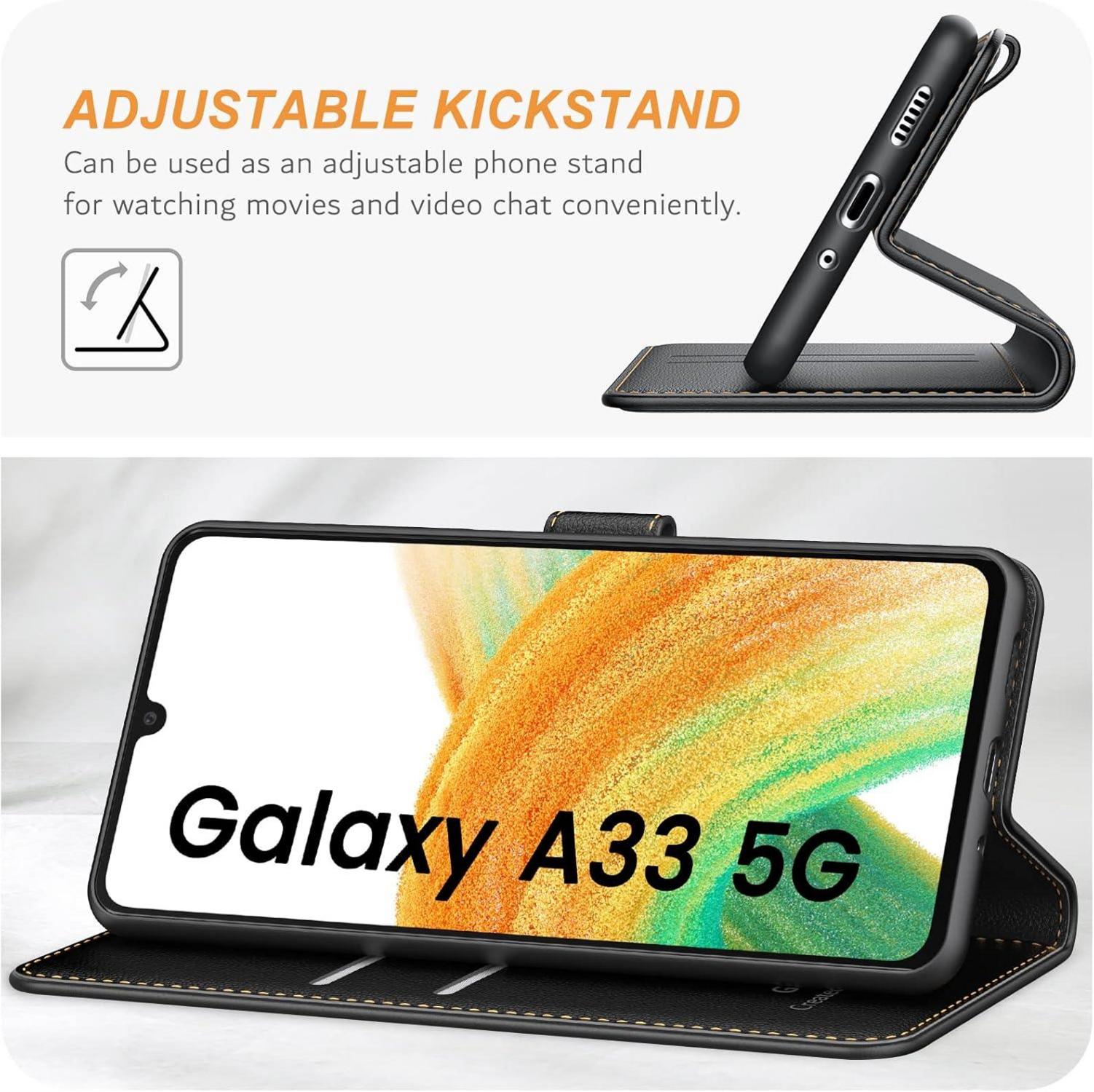 Samsung Galaxy A33 5G Handyhülle Schwarz Leder Flipcase mit Kartenfächern & Standfunktion