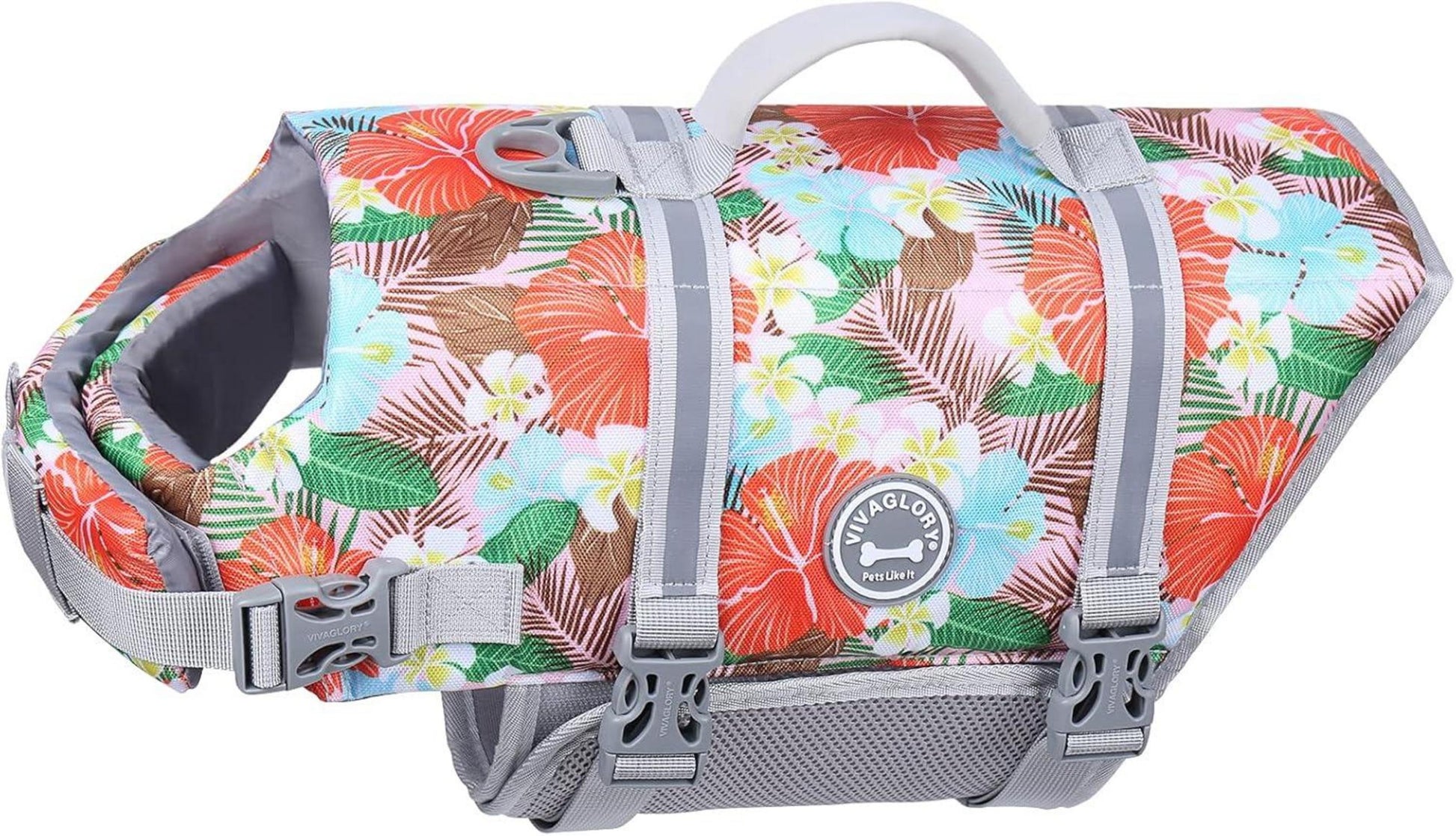 Hundeschwimmweste Ripstop Auftrieb Sichtbarkeit Blumen-Orange XL