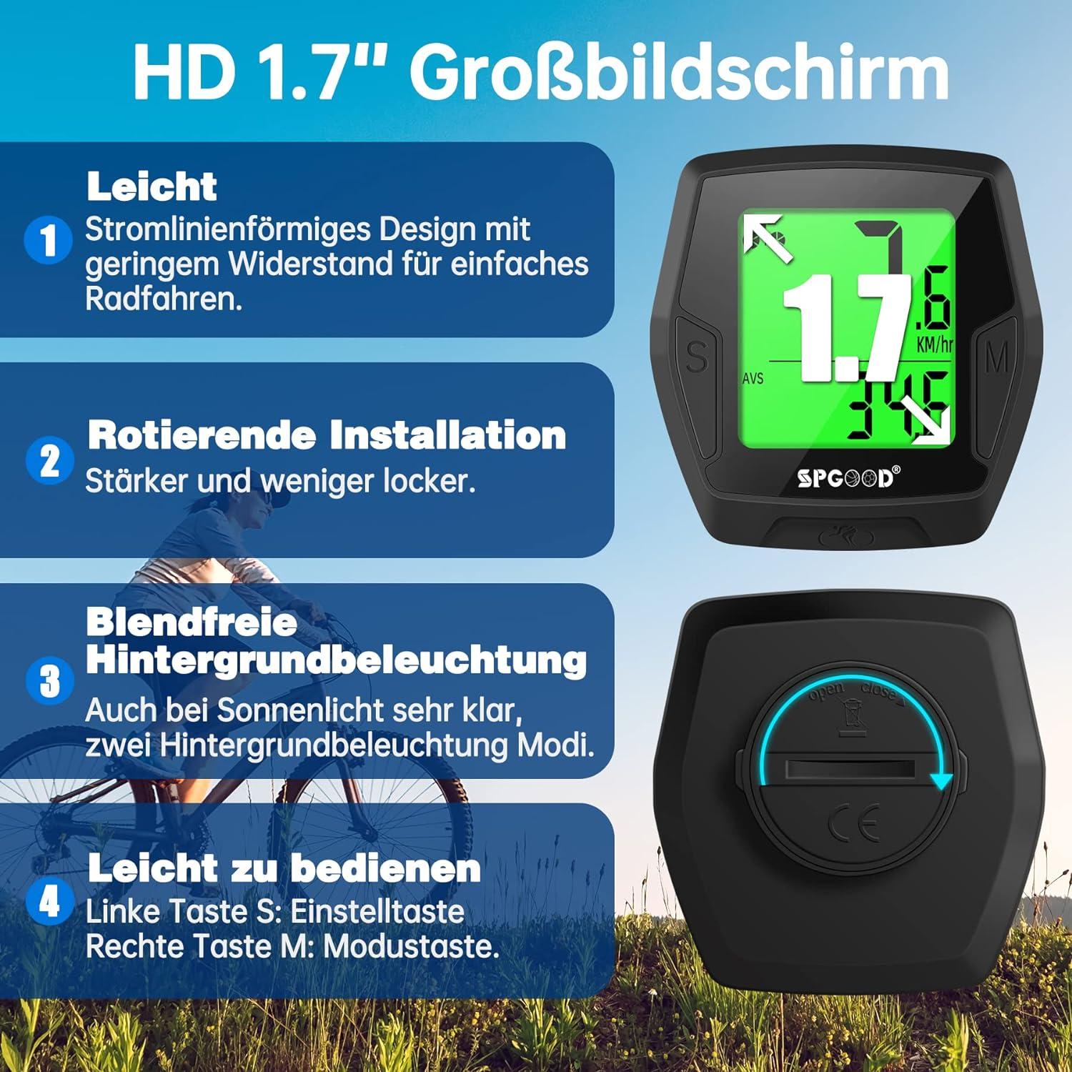 Fahrradcomputer Kabellos 21 Funktionen IP54 Wasserdicht Display