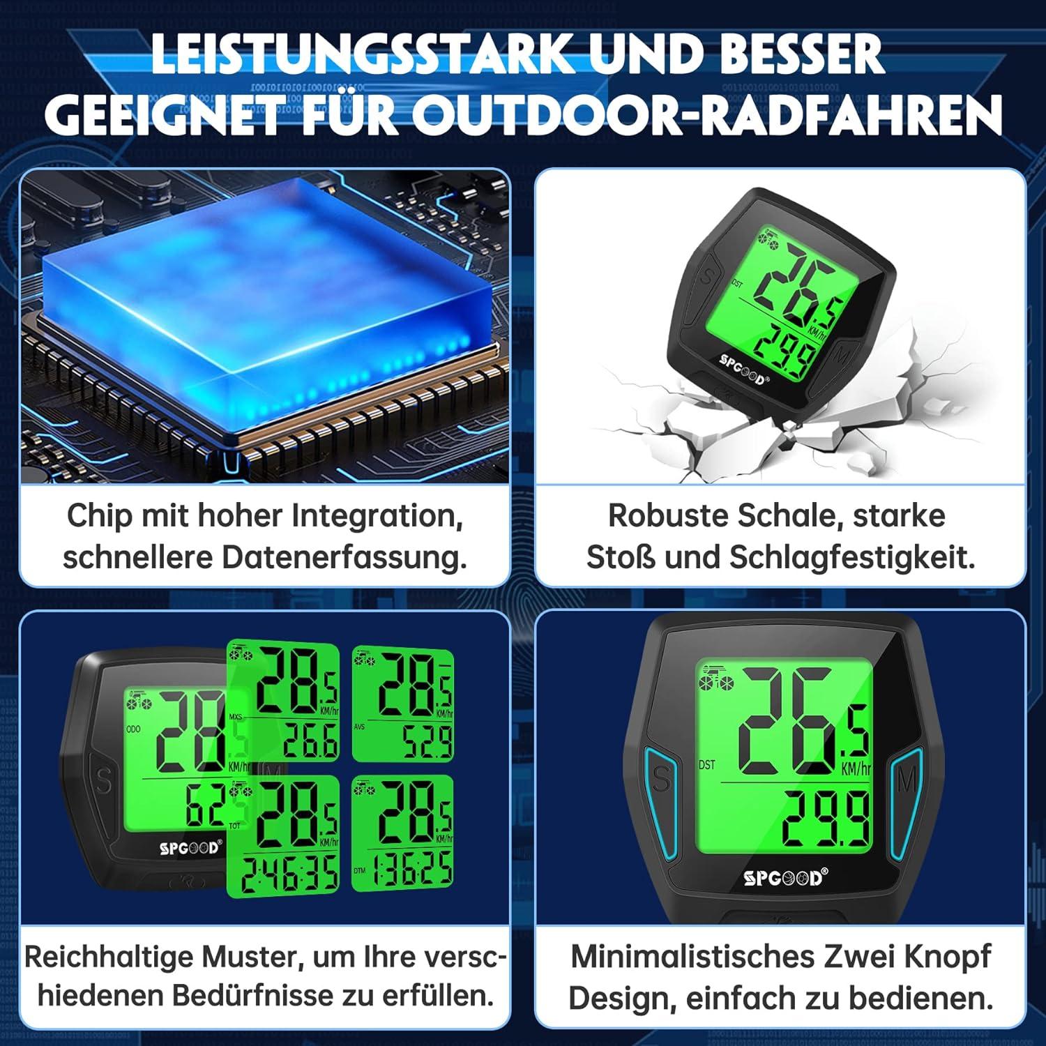 Fahrradcomputer Kabellos 21 Funktionen IP54 Wasserdicht mit Display