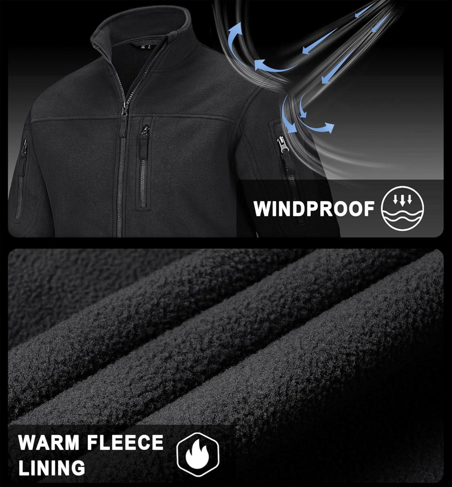 Outdoor Fleecejacke mit 7 Taschen, winddicht, warm, Schwarz