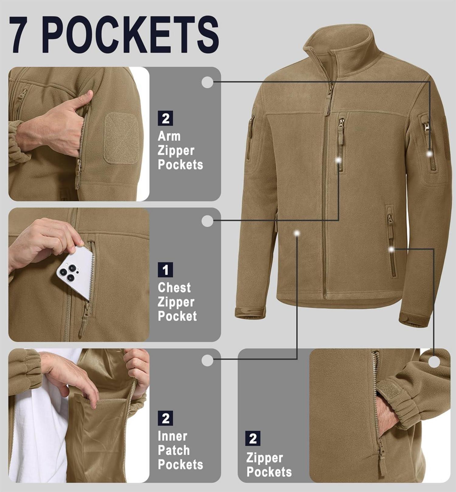 Herren Outdoor Fleecejacke mit 7 Taschen, Winddicht, Taktisch, Khaki, M