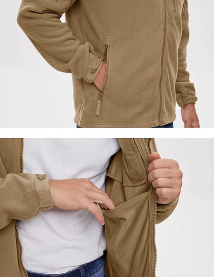 Herren Outdoor Fleecejacke mit 7 Taschen, Winddicht, Taktisch, Khaki, M