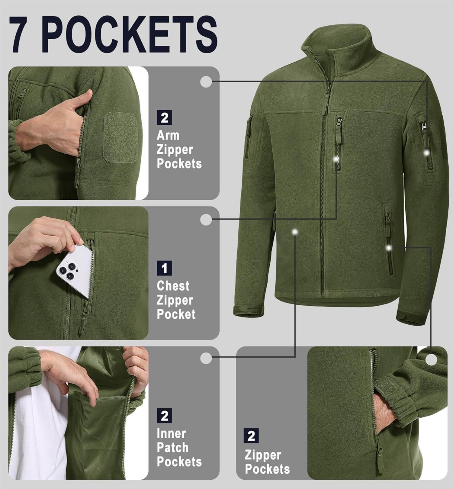 Herren Outdoor Fleecejacke Winddicht 7 Taschen Stehkragen Jagdjacke L Armeegrün