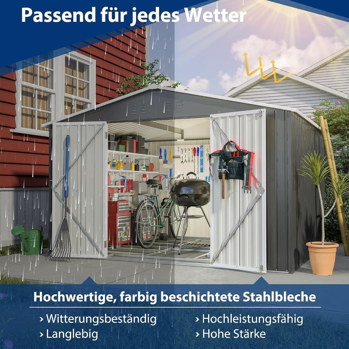 Gerätehaus Metall 300x250 cm mit Fundamentrahmen & Türverschluss