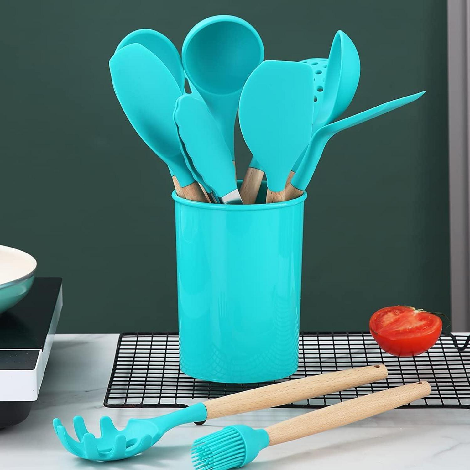 Silikon Küchenutensilien Set 38-teilig Holzgriff Utensilienhalter Blau