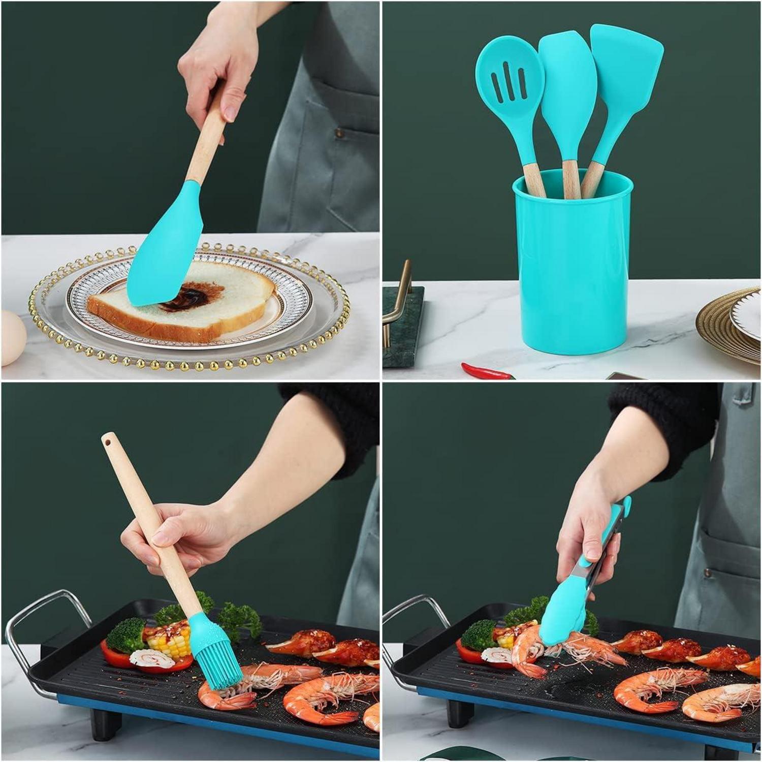 Silikon Küchenutensilien Set 38-teilig Holzgriff Utensilienhalter Blau