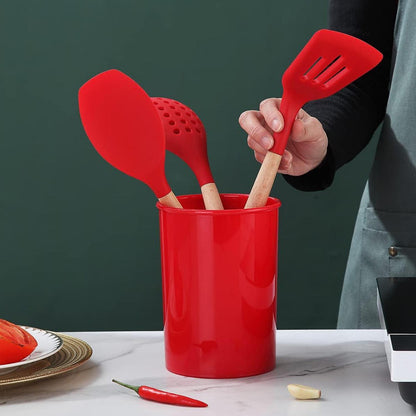 Silikon Küchenutensilien Set 38-teilig Holzgriff Haken Utensilienhalter rot