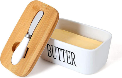 Webao Butterdose Emaille Holzdeckel Keramic Silikon-Dichtlippe White