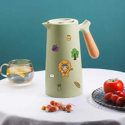 Isolierkanne 1l mit Quick-Tip-Verschluss, Holzgriff, Glaseinsatz - Hellgrün