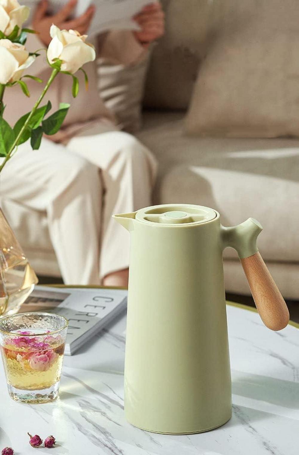 Thermoskanne 1l Kaffeekanne mit Holzgriff und Glaseinsatz