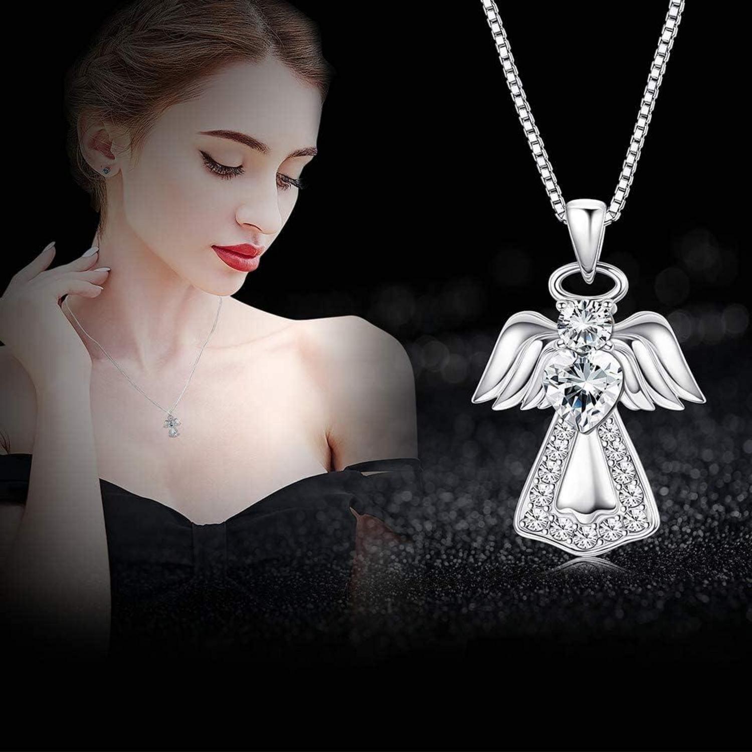 Schutzengel Anhänger Kette 925 Silber Kristall Herz Halskette