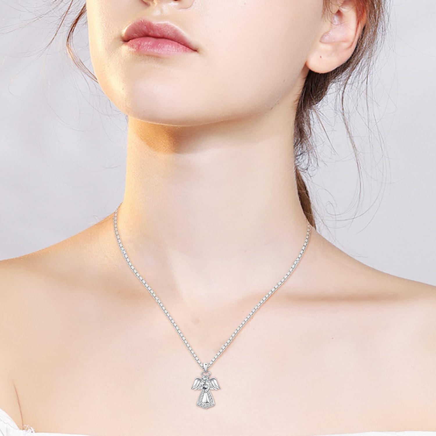 925 Silber Schutzengel Anhänger Kette Kristall Herz Halskette Taufe Kinder