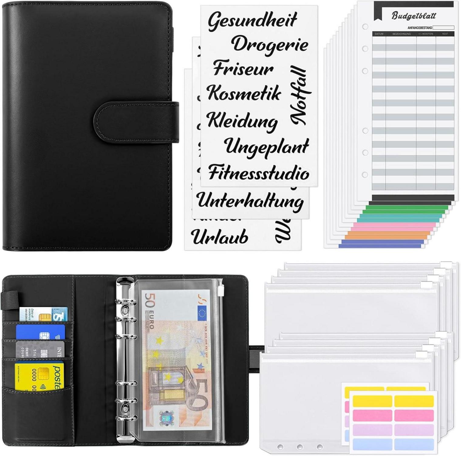 Budget Planner A6 mit Geldumschlägen und Etiketten, schwarz