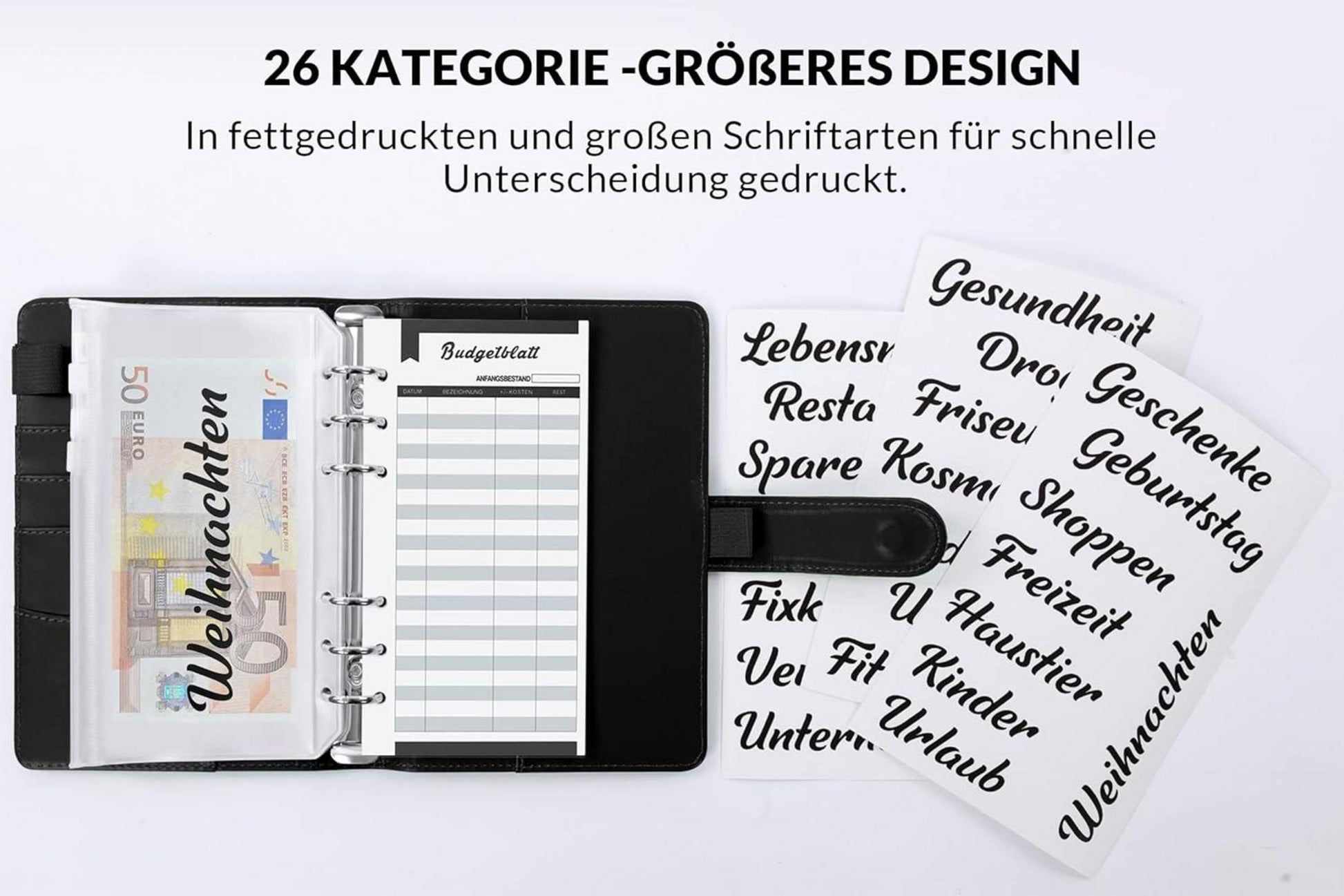 Budget Planner A6 mit Geldumschlägen und Etiketten, schwarz