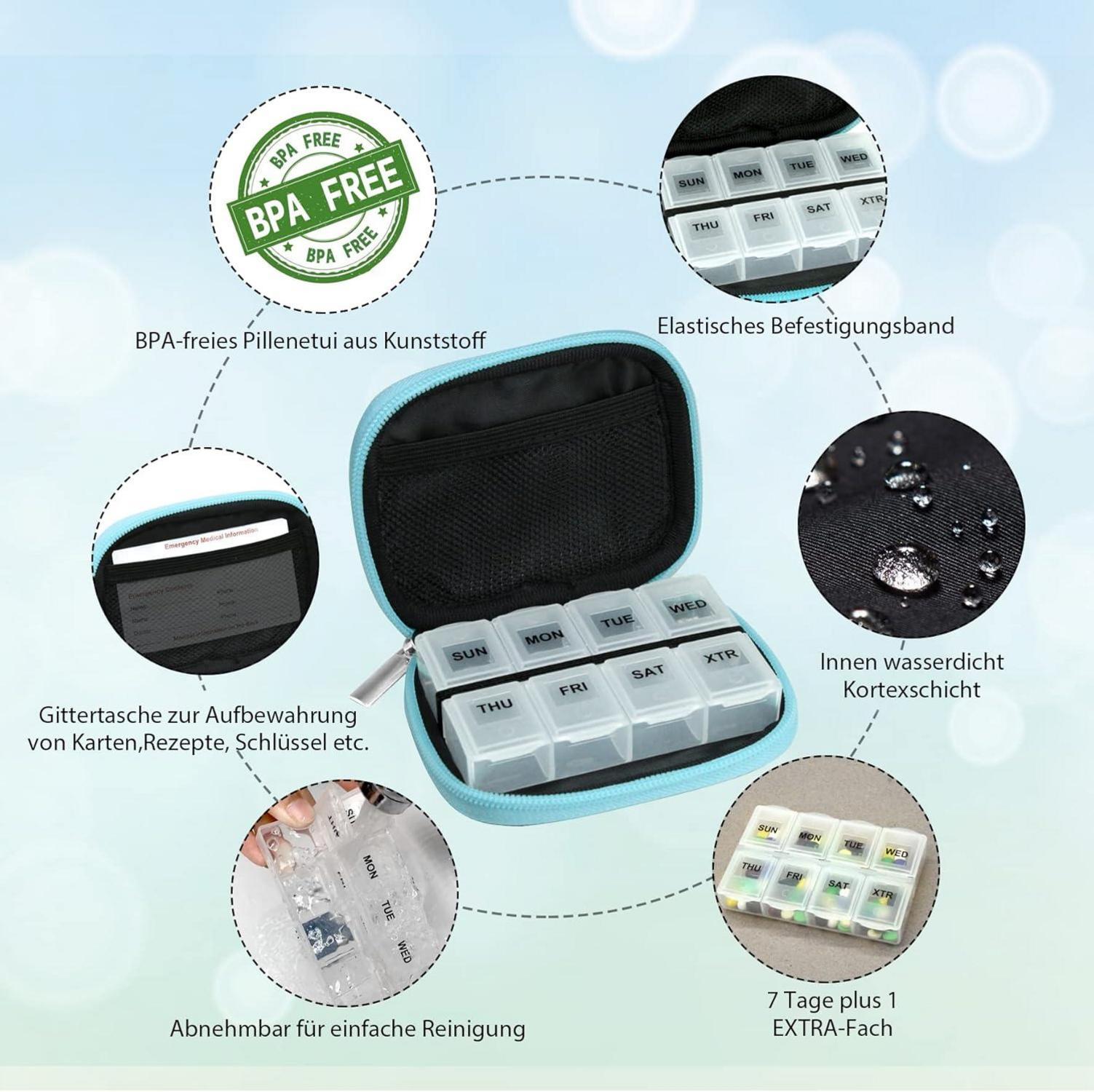 Serfeymi Tablettenbox 7 Tage Blau Medikamentenbox mit Reißverschluss