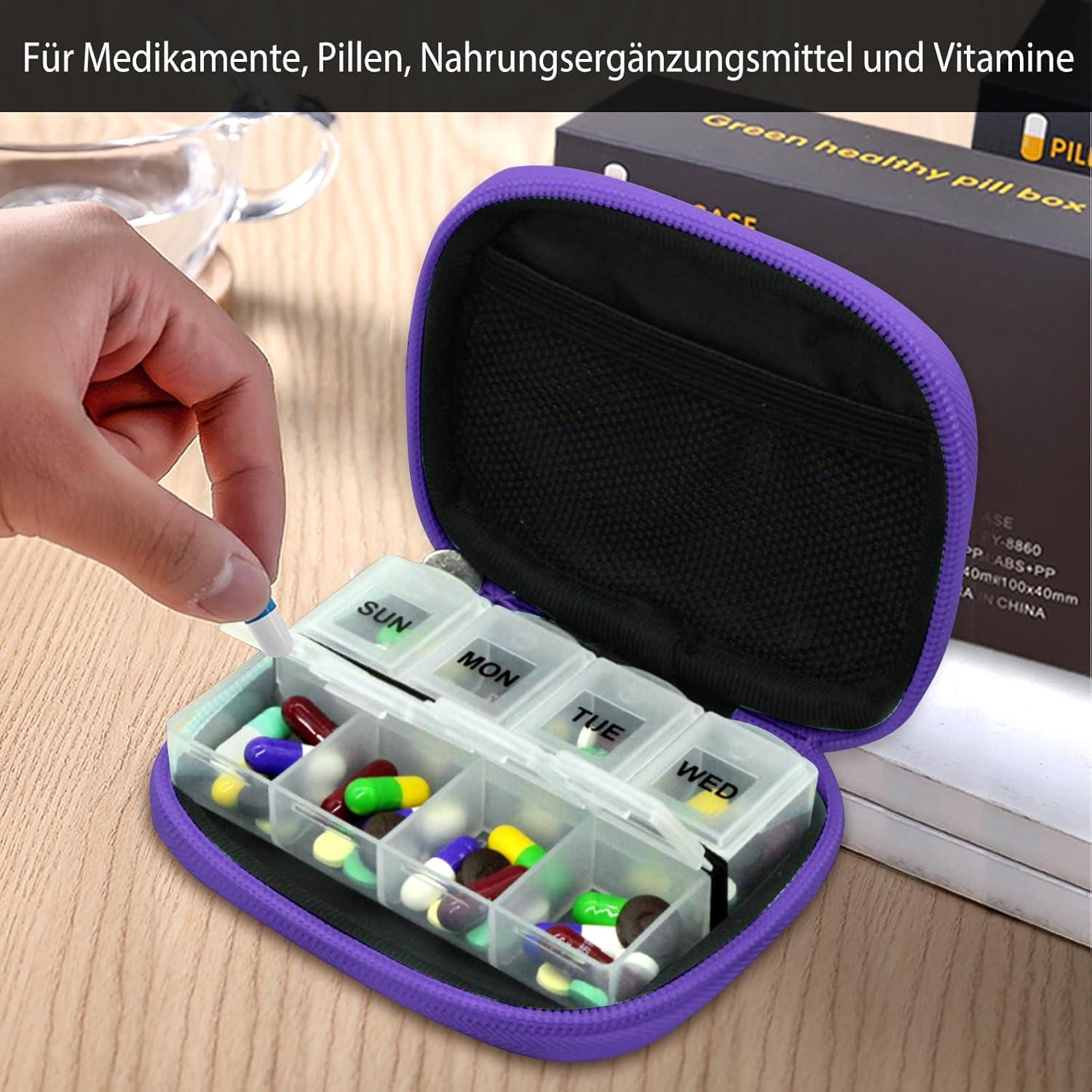 Tablettenbox 7 Tage Pillendose Stofftasche Reise Klein Medikamente- púrpura