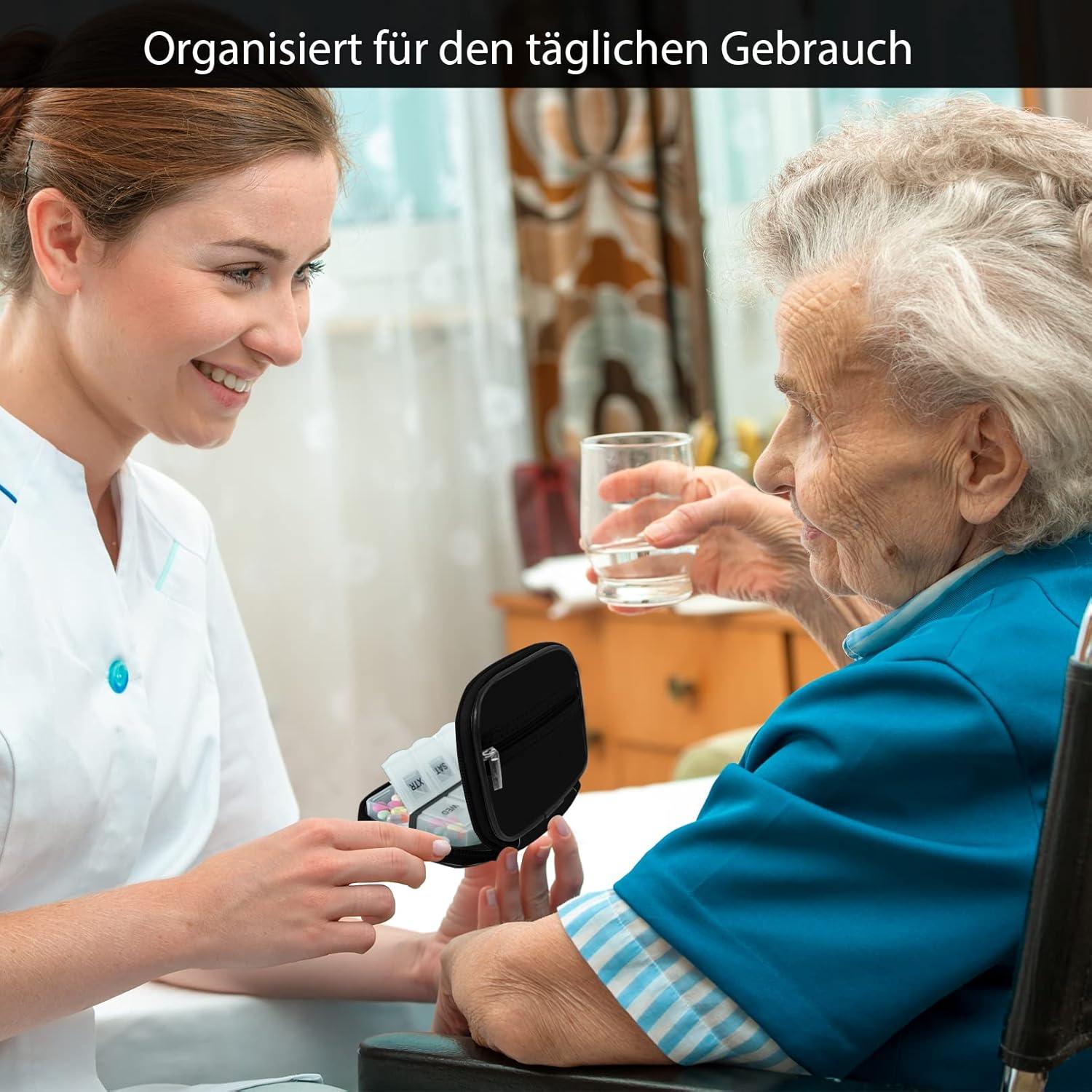 Tablettenbox 7 Tage Medikamentenbox mit Reißverschluss Schwarz