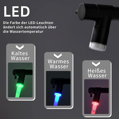 TIMACO Schwarz LED Wasserhahn Küche mit Schloss Brause 360° Schwenkbar