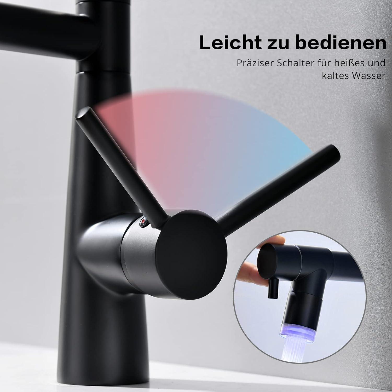TIMACO Schwarz LED Wasserhahn Küche mit Schloss Brause 360° Schwenkbar