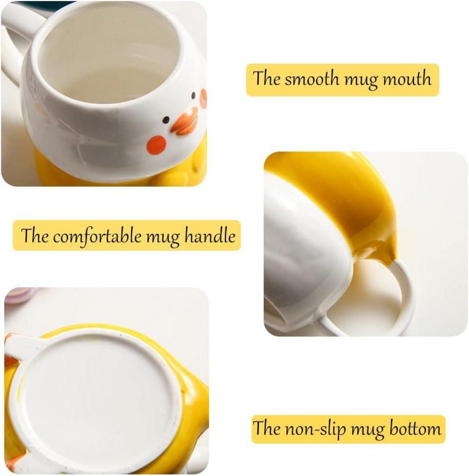 Süße 3D Ente Keramik Kaffeetasse mit Hut-Deckel & Blumen-Löffel 400ml Gelb