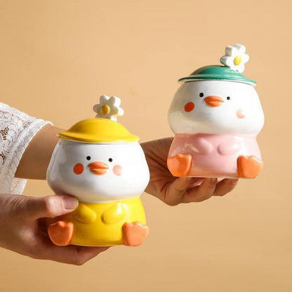 Süße 3D Ente Keramik Kaffeetasse mit Hut-Deckel & Blumen-Löffel 400ml Gelb