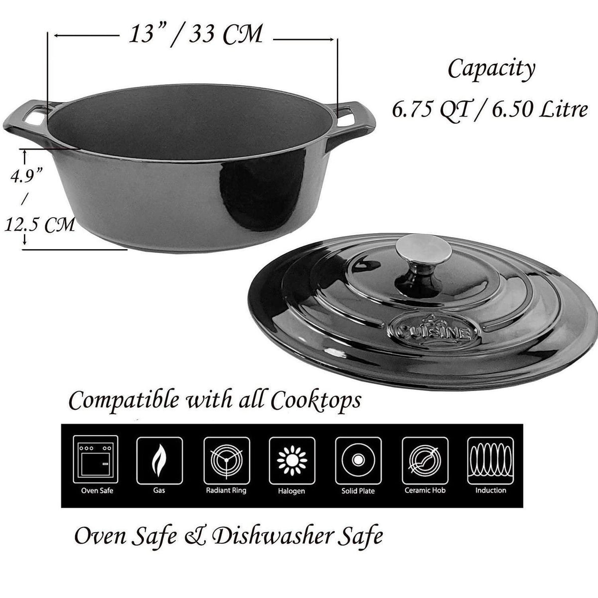 Ovaler Gusseisen-Bräter 6,5L – Mattschwarz & Induktionsgeeignet