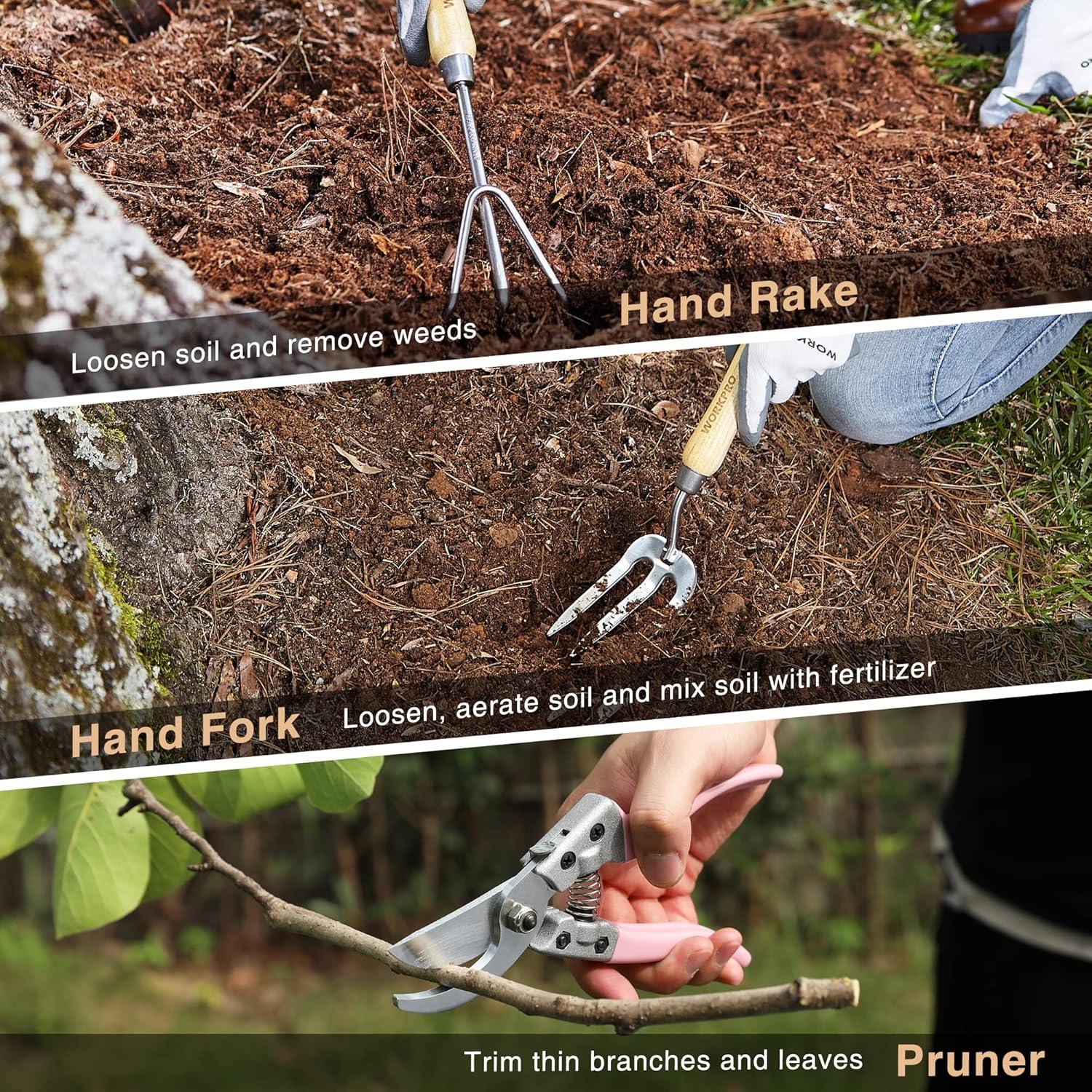 WORKPRO 8-in-1 Gartenwerkzeug Set mit Aufbewahrungstasche und Holzgriff