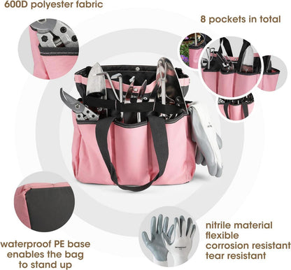 WORKPRO Gartenwerkzeug Set 8-in-1 Rosa Gartengeräte Edelstahl Aufbewahrungstasche