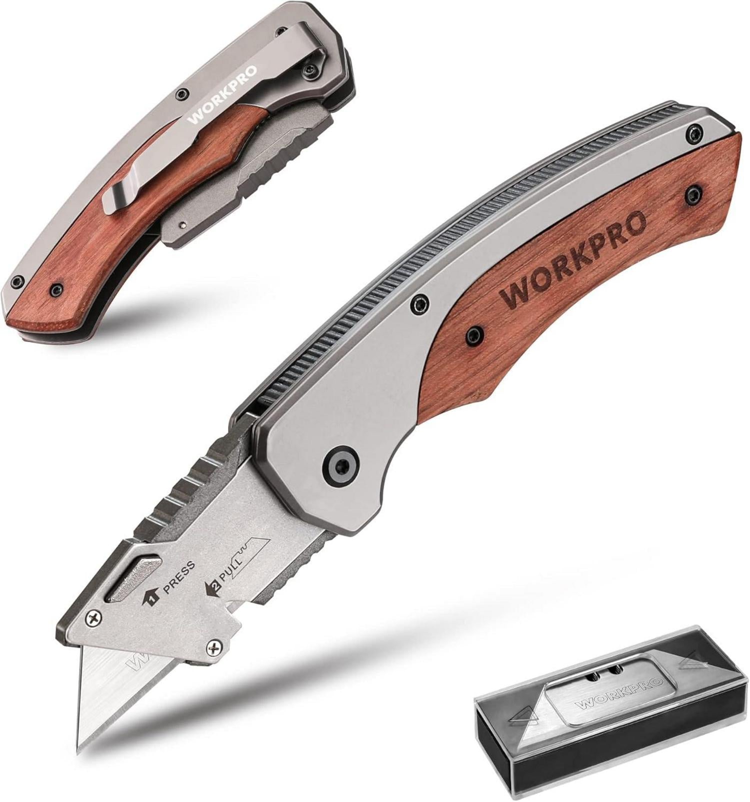 Faltbares Universalmesser mit Holzgriff und 10 Ersatzklingen