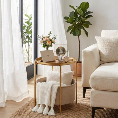 Runder Beistelltisch mit Korb – Gold Gelb, Modern & Vielseitig