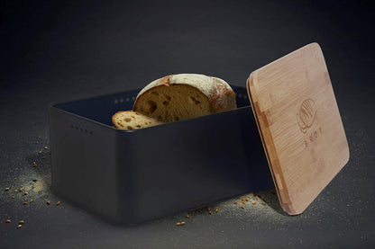Brotkasten Schneidebrett Holzdeckel Leinen Brotbeutel Belüftung Schwarz 33x21cm