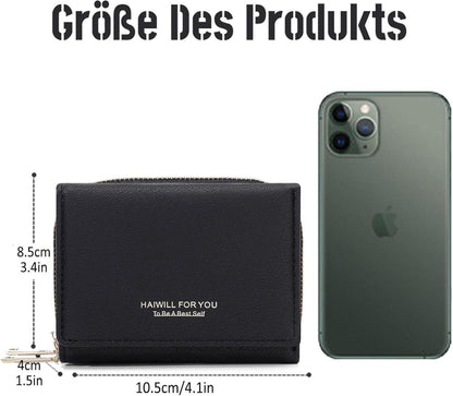 HAIWILL Geldbeutel Damen Klein PU Leder mit Münzfach und Kartenfächern Schwarz