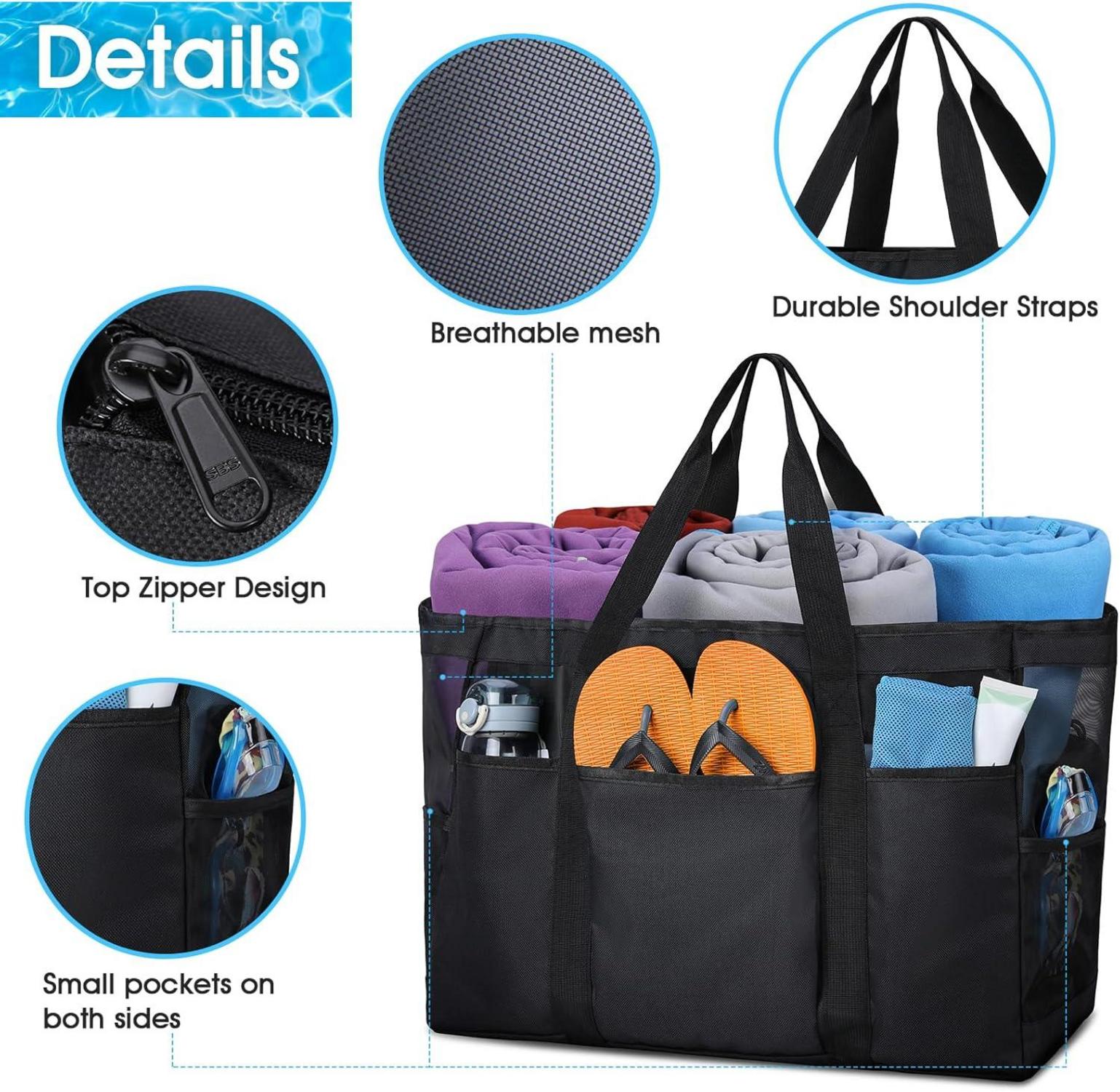 Strandtasche XXL mit Reißverschluss - Schwarz Mesh Beach Bag