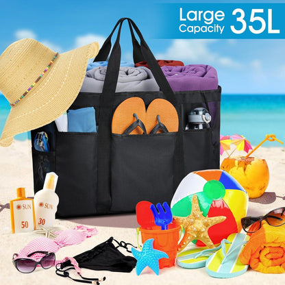 Strandtasche XXL Damen Groß Schwarz Reißverschluss Mesh Beach Bag