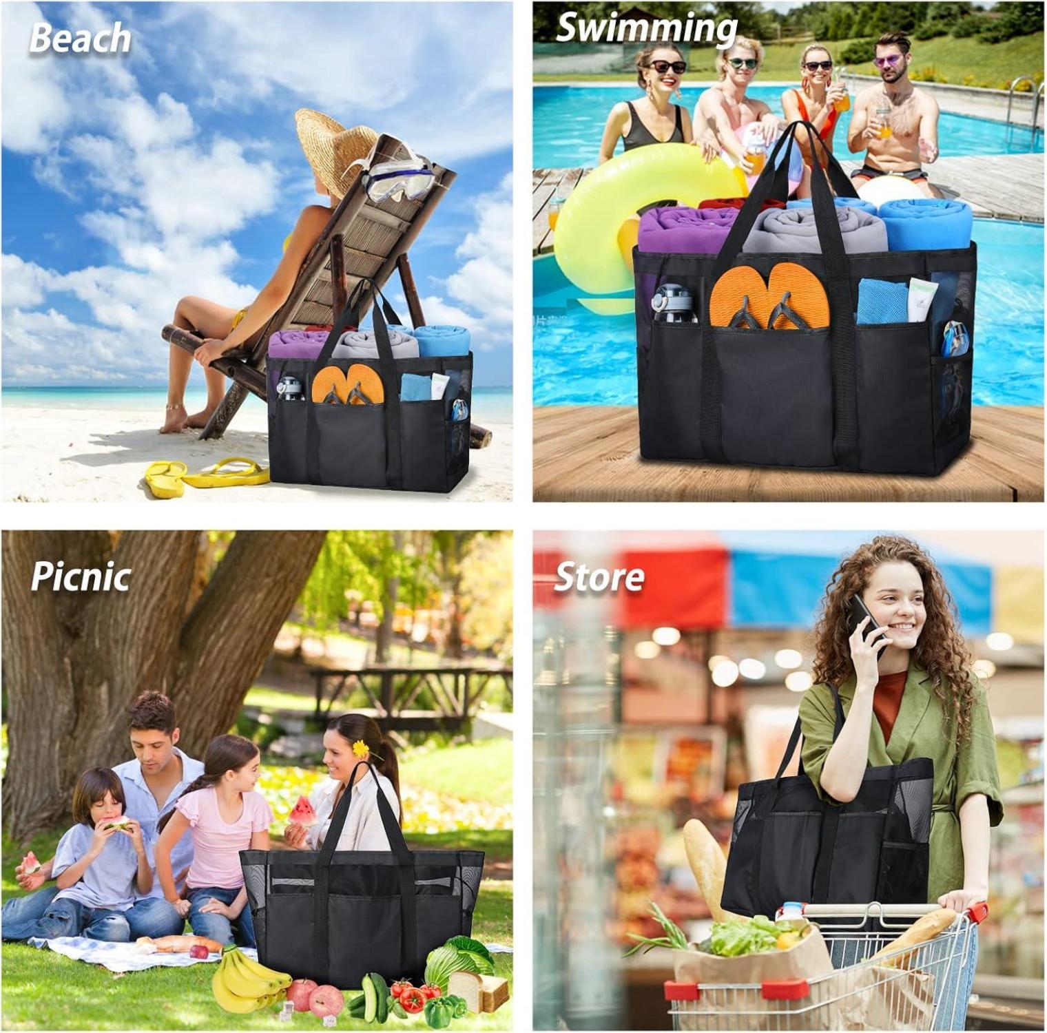 Strandtasche XXL Damen Groß Schwarz Reißverschluss Mesh Beach Bag
