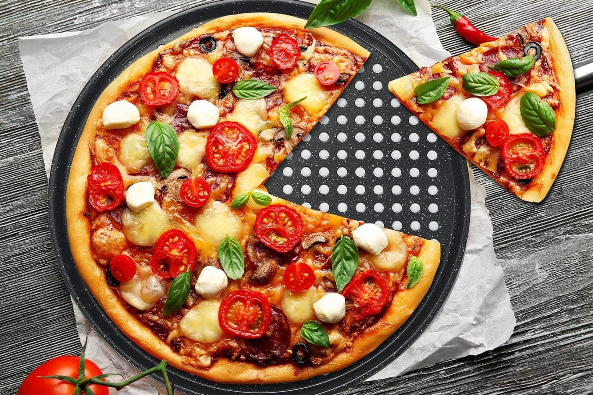 Monfish Pizzablech 36cm rund perforiert antihaft 2er Set Karbonstahl