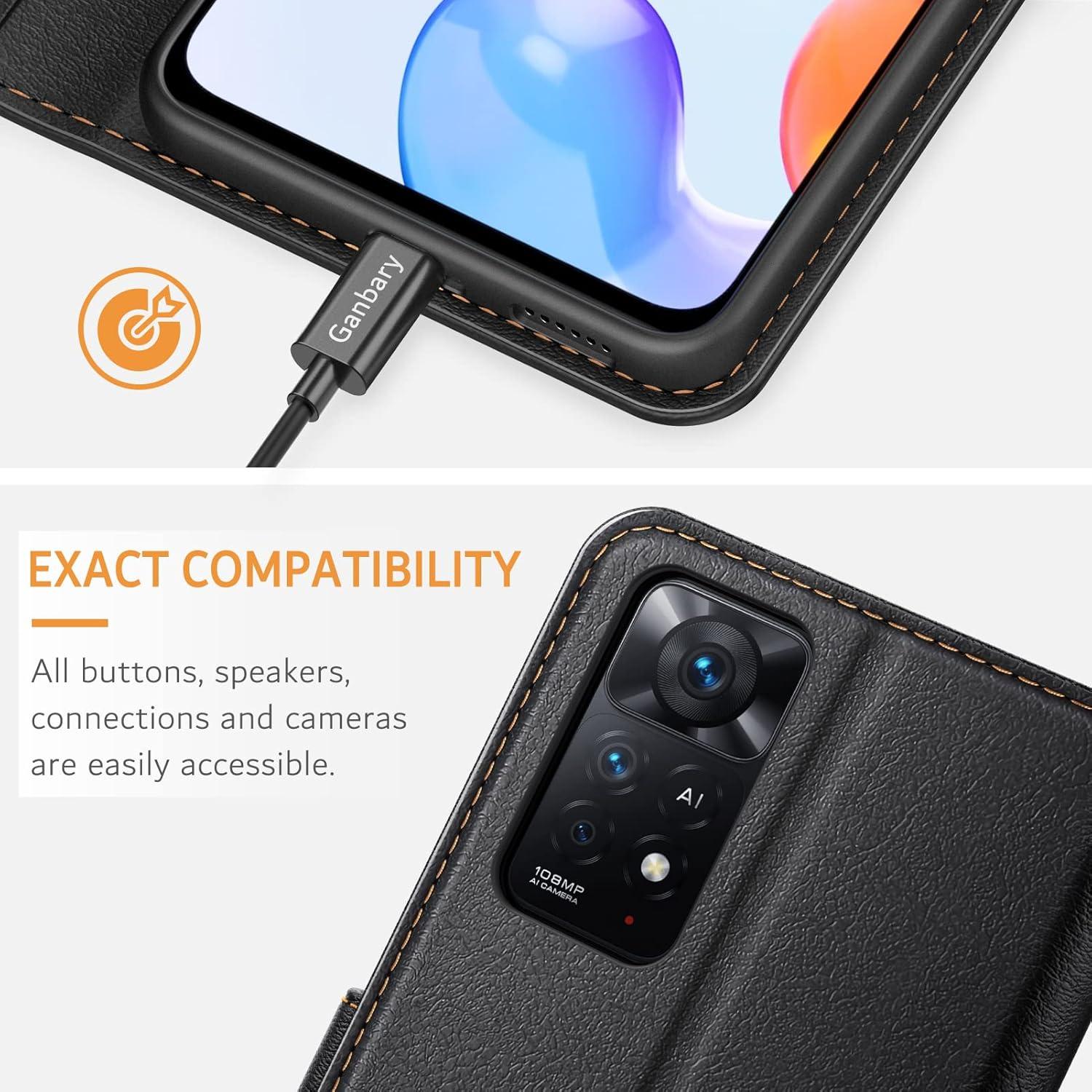 Xiaomi Redmi Note 11 Pro Handyhülle, Leder Tasche mit Kartenschlitzen, Schwarz