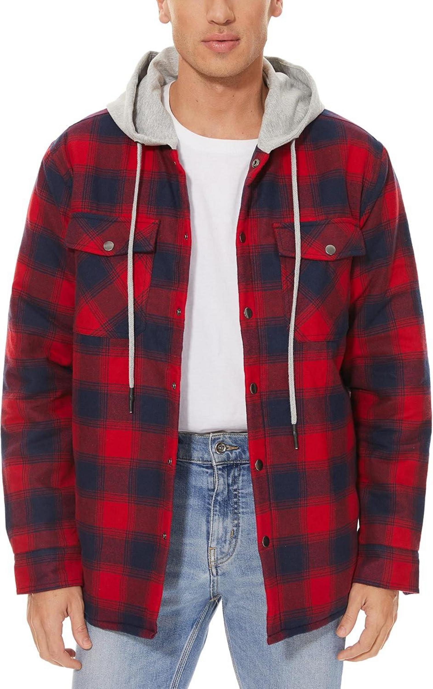 MAGCOMSEN Herren Kariertes Thermohemd Winterjacke mit Kapuze Rot Dunkelblau