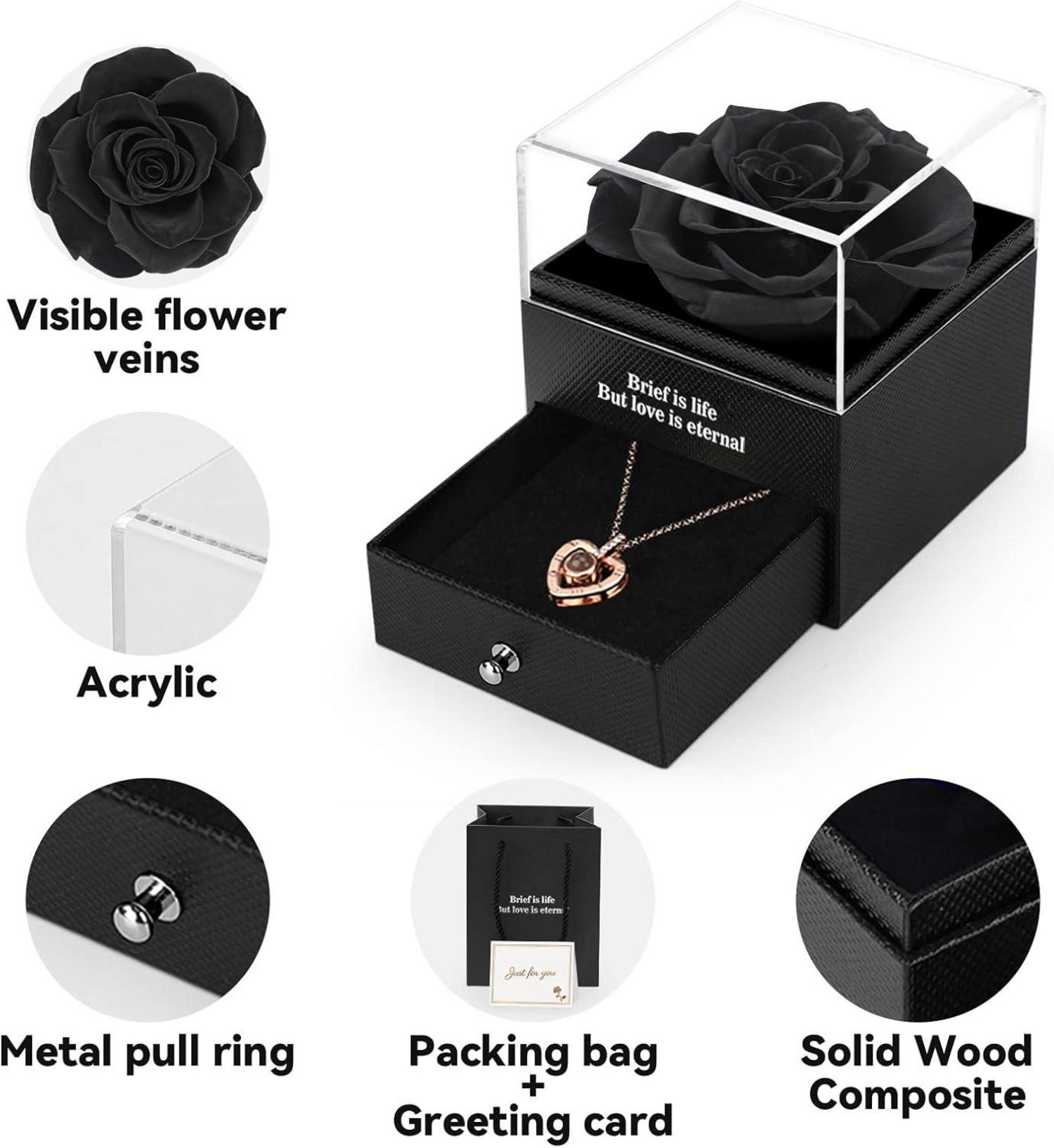 Ewige echte Rose mit I Love You Halskette in Geschenkbox Schwarz