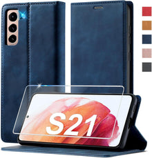 Samsung Galaxy S21 5G Hülle Leder Blau mit Schutzfolie